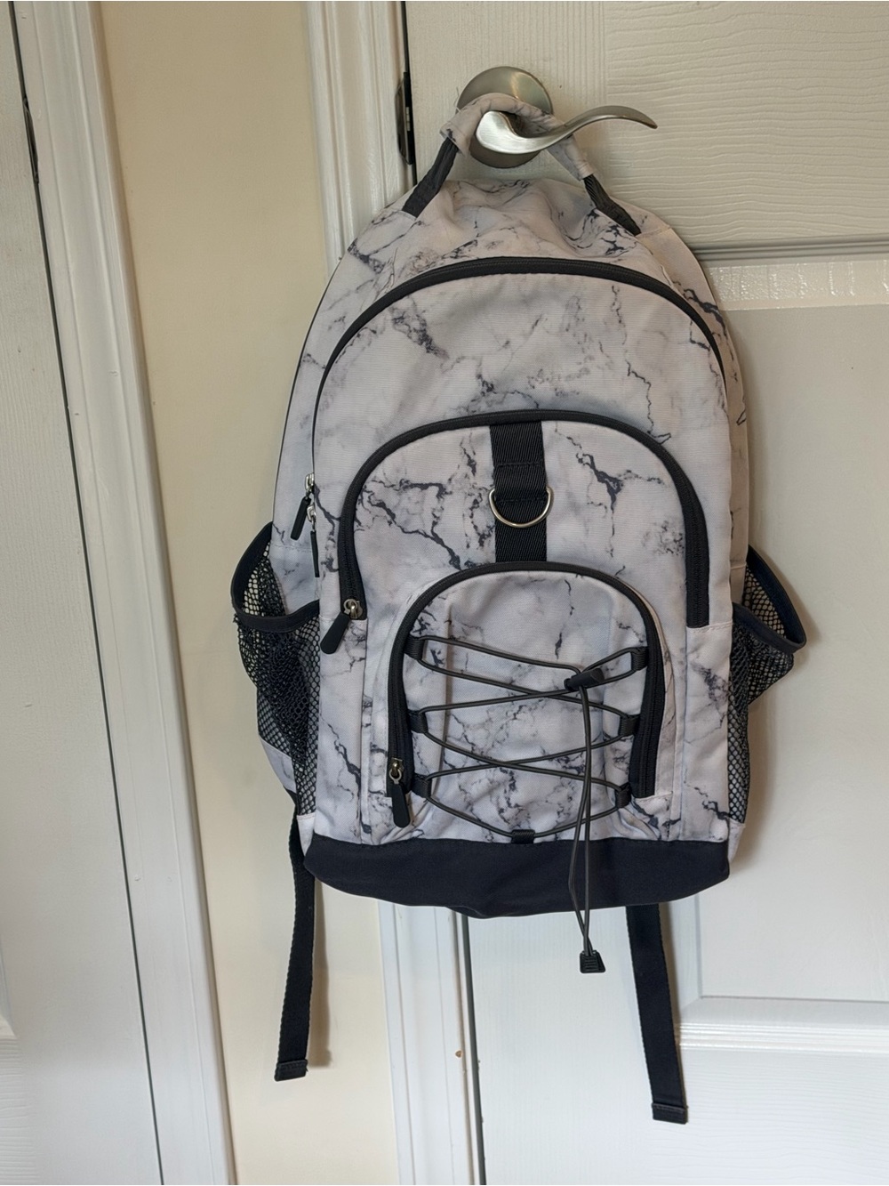 Pottery Barn Teen Marble-Print Backpack in White and Black